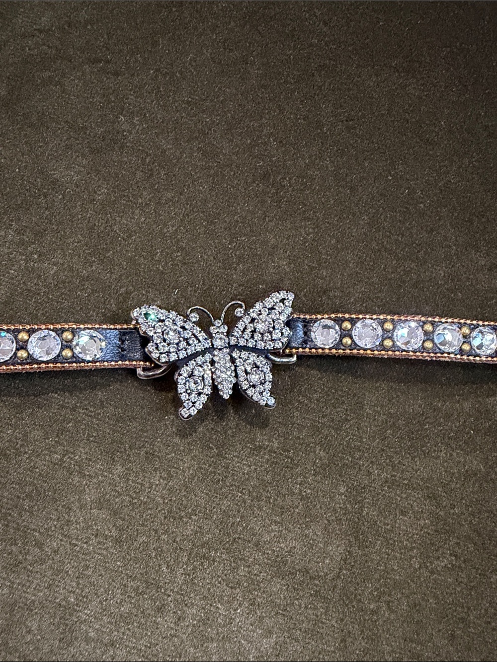 Gucci Crystal Butterfly Accent Leather Bracelet - Silver & Black